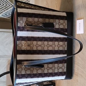 Brand New! Coach Stripe Jac Mollie Handbag Khaki Multi